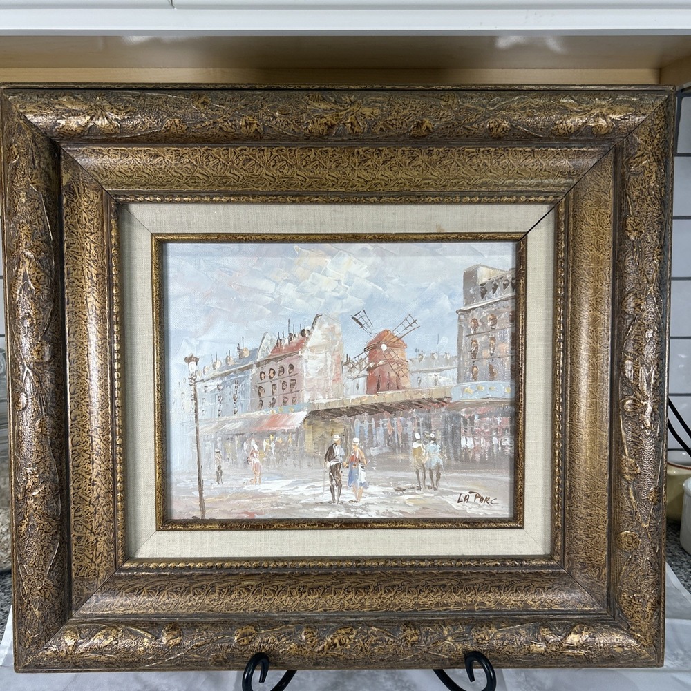 Vintage French Oil Painting Canvas Paris Moulin Rouge Pigalle Framed 15x17 inch